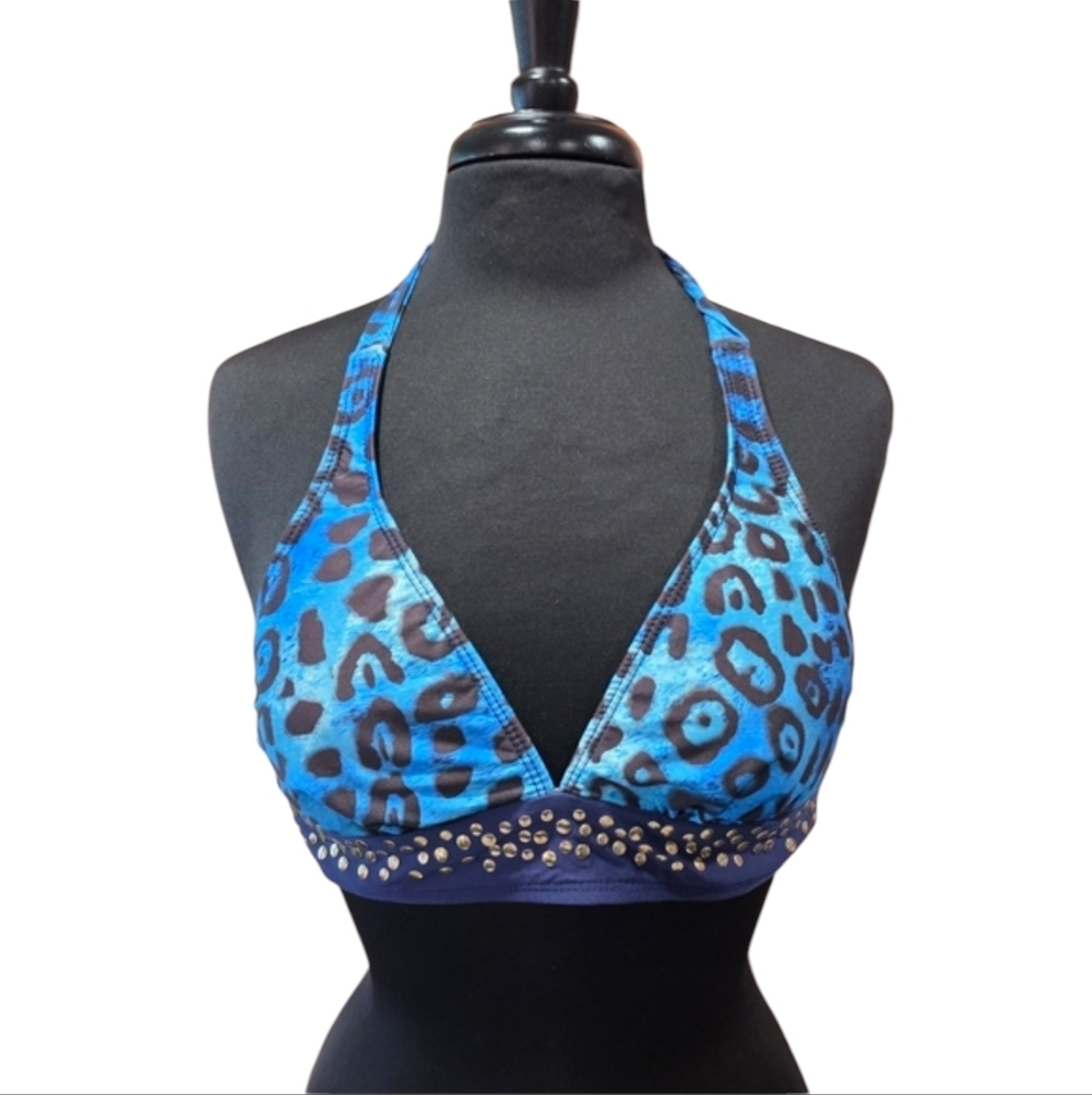 Vintage Blue Leopard Bikini Top Halter Athena 6 Studded Baddie Y2K Indie Sleeze